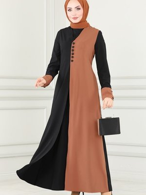 Taba & Siyah Çift Renkli Krep Elbise