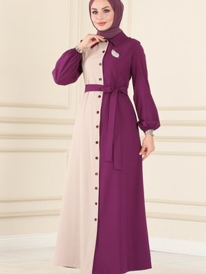 Mürdüm & Vizyon Düğme Detaylı Krep Elbise