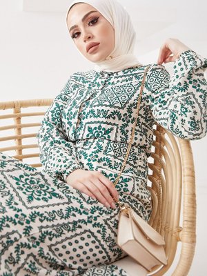 Sivena Çiçek Motif Viskon Elbise Yeşil