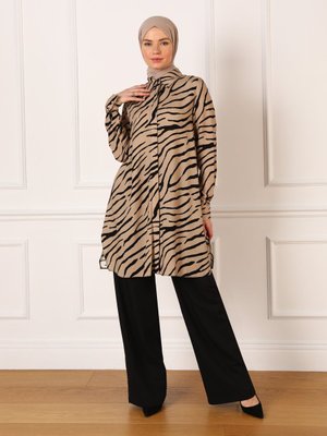 Zebra Desenli Viskon Gömlek Tunik Bej