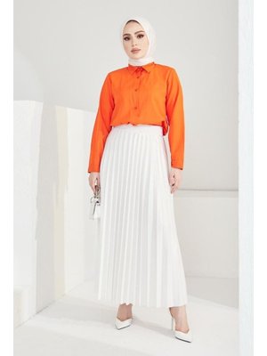 Ekru Beli Lastikli Piliseli Etek