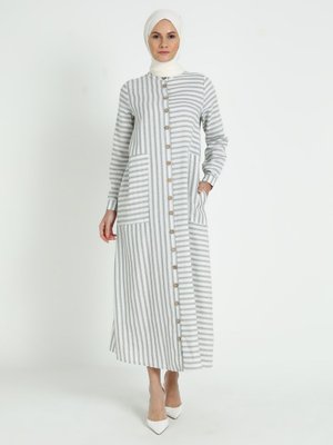 Haki Boydan Düğmeli Çizgili Elbise