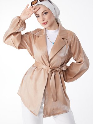 Düz Yaka Vizon Parlak Detaylı Kuşaklı Ceket