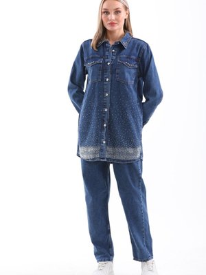 Koyu Taş İşlemeli Kot Jean Alt Üst Mavi Takım Koyu Taş İşlemeli Kot Jean Alt Üst Mavi Takım