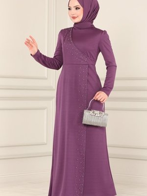 Koyu Lila İnci İşlemeli Elbise