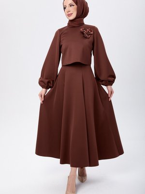 Kahve Bluzu Çiçekli Scuba Etekli Takım