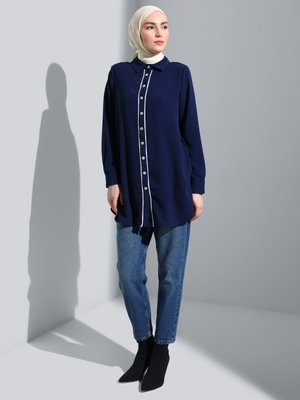Lacivert Aerobin Biye Detaylı Gömlek Tunik