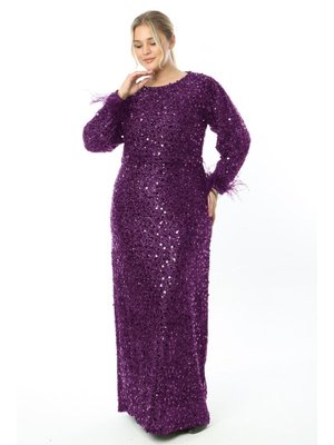 Büyük Beden Mürdüm Uzun Abiye Elbise