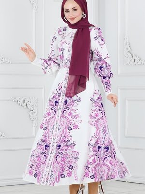 Lila & Ekru Önden Düğmeli Atlas Elbise