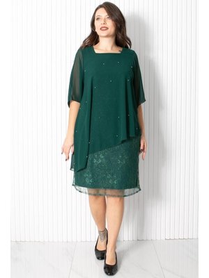 İncili Şifon Abiye Elbise Zümrüt