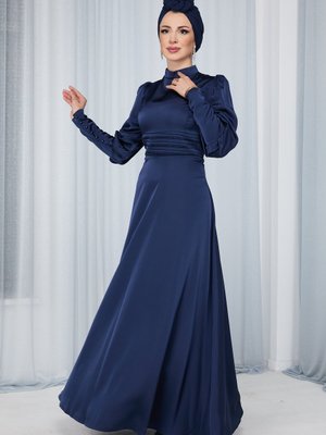 Lacıvert Prenses Kol A Kesim Saten Abiye Elbise