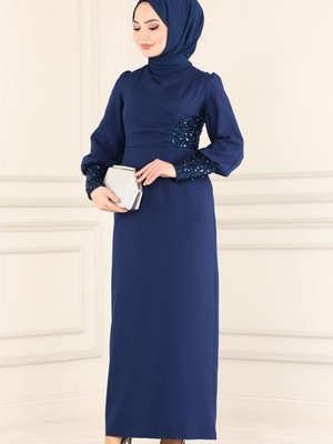 Lacivert Pul Detaylı Krep Elbise