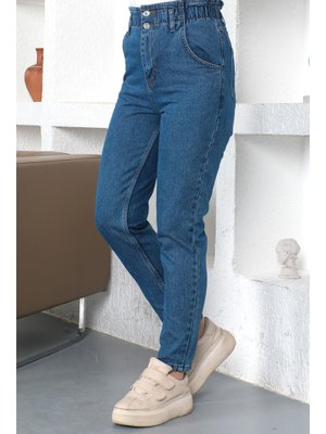 Mavi Beli Lastikli Mom Jean Pantolon Mavi Beli Lastikli Mom Jean Pantolon