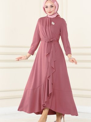 Gül Kurusu Eteği Volanlı Elbise