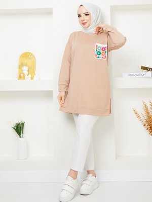 Bej Cep Detaylı Sweatshirt