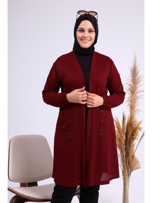 Bordo Kadin Buyuk Beden Metal Tokalı Petek Hırka