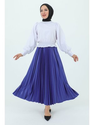 Saks Mavisi Beli Lastikli Deri Görünümlü Pileli Etek Saks Mavisi Beli Lastikli Deri Görünümlü Pileli Etek