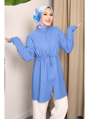 Saks Mavi Bel Detaylı Ceket