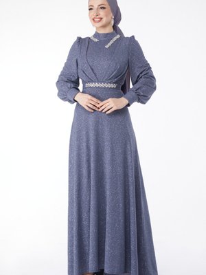 Grı Simli Yaka Taş Detaylı Abiye Elbise