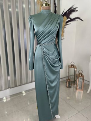 Saten Sare Abiye Elbise Mint