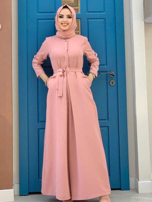 Göğüs Kısmı Gizli Düğme Detaylı Bel Kuşaklı Tulum Pudra