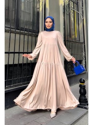 Bej Düz Kat Kat Elbise