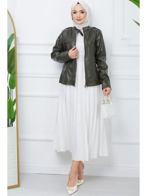 Haki Fermuarlı m Yaka Suni Deri Ceket Haki Fermuarlı m Yaka Suni Deri Ceket