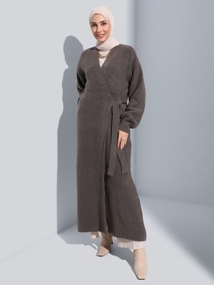 Bağlama Detaylı Uzun Triko Hırka Vizon