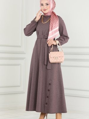 Gül Kurusu Düğme Detaylı Kışlık Elbise