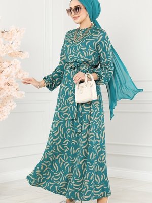 Petrol Damla Desen Helen Elbise