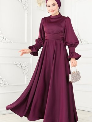 Mürdüm Manşeti Volanlı Saten Abiye Elbise