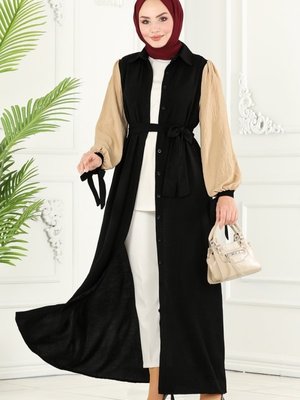 Siyah & Taş Gizli Düğmeli Mevsimlik Ferace Siyah & Taş Gizli Düğmeli Mevsimlik Ferace