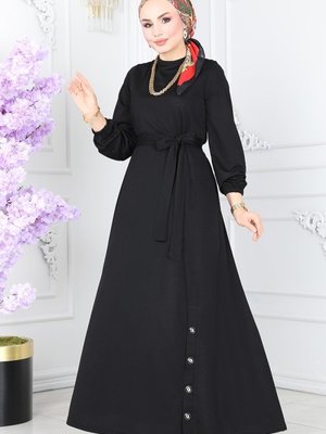 Siyah Aksesuar Düğmeli Mira Elbise