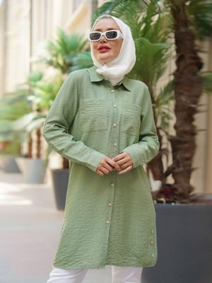 Yandan Üç Düğmeli Çift Cepli Gömlek Tunik Çağla