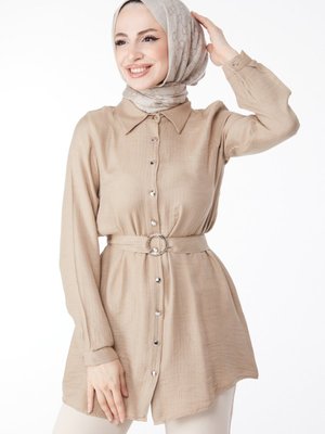 Düz Gömlek Yaka Vizon Kemerli Tunik