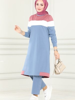 Gül Kurusu & Mavi Renk Şeritli İkili Takım Gül Kurusu & Mavi Renk Şeritli İkili Takım