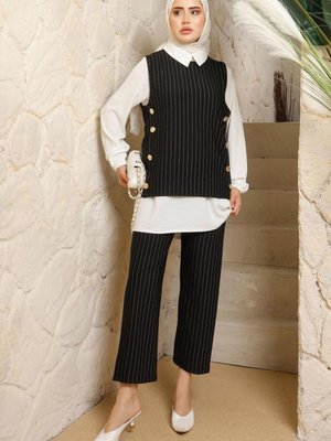 Kadın Siyah Gömlek Yaka Çizgili Üçlü Yelekli Takım T