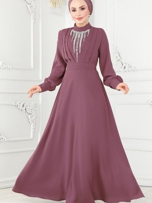 Lila Göğsü Taş İşlemeli Abiye Elbise