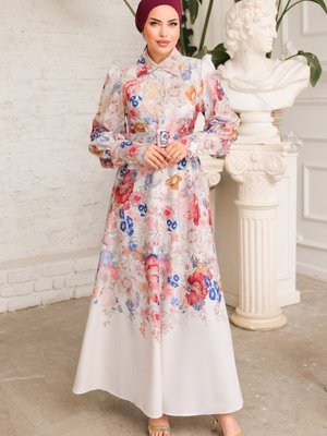 Ekru Sual Kaplama Kemerli Atlas Elbise Ekru Sual Kaplama Kemerli Atlas Elbise