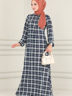 Lacivert Yakası Bağcıklı Elbise