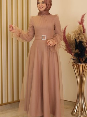 Selen Abiye Elbise Bej Design