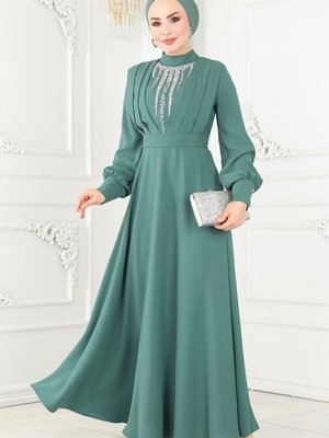 Mint Göğsü Taş İşlemeli Abiye Elbise