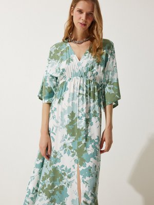 Çağla Yeşili Anvelop Yaka Desenli Yazlık Viskon Elbise