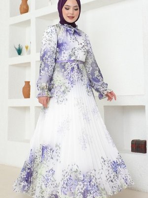 Lila & Ekru Piliseli Şifon Elbise