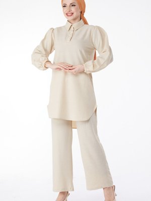 Düz Gömlek Yaka Taş Balon Kollu İnci Düğmeli İkili Takım