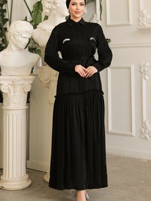 Siyah Aksesuar Cepli Işıltılı Saten Abiye