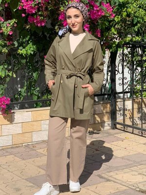 Haki Basıc Düğmeli Trençkot