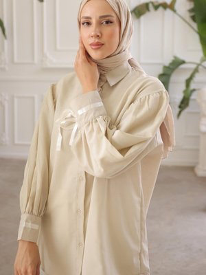 Krem Kol Detaylı Tunik Gömlek