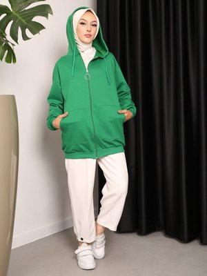 Yeşil Kanguru Cepli Fermuarlı Hırka Yeşil Kanguru Cepli Fermuarlı Hırka