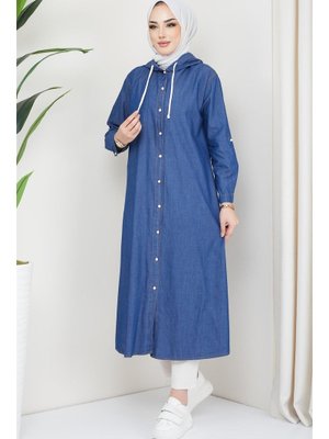 Koyu Mavi Boydan Düğmeli Kot Kap